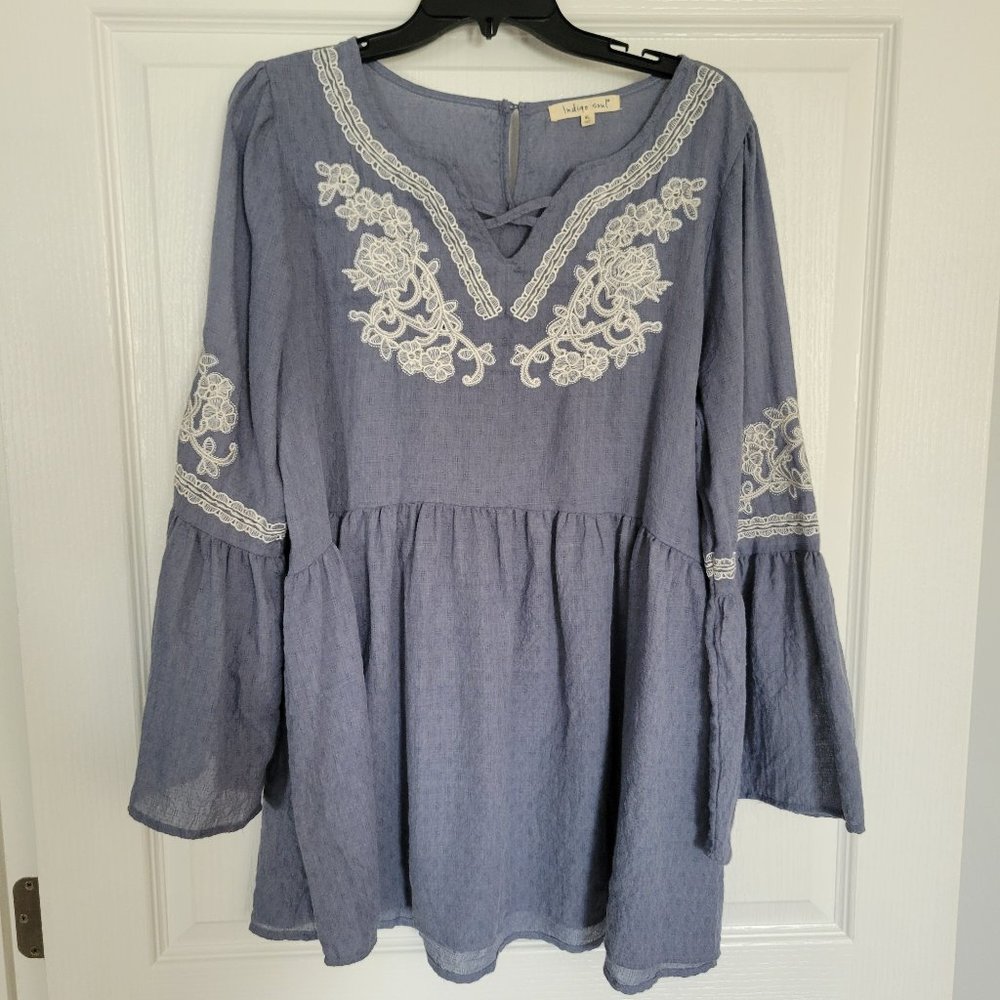 Indigo Soul, Blue Flowy Top, Size XL, Embroidered Detail, Bell Sleeves